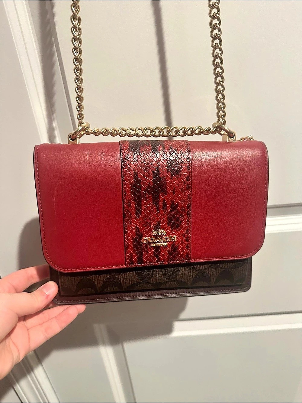 Coach Kristy Shoulder Bag in Signature Canvas and Snake Trim C7332 Red & Brown